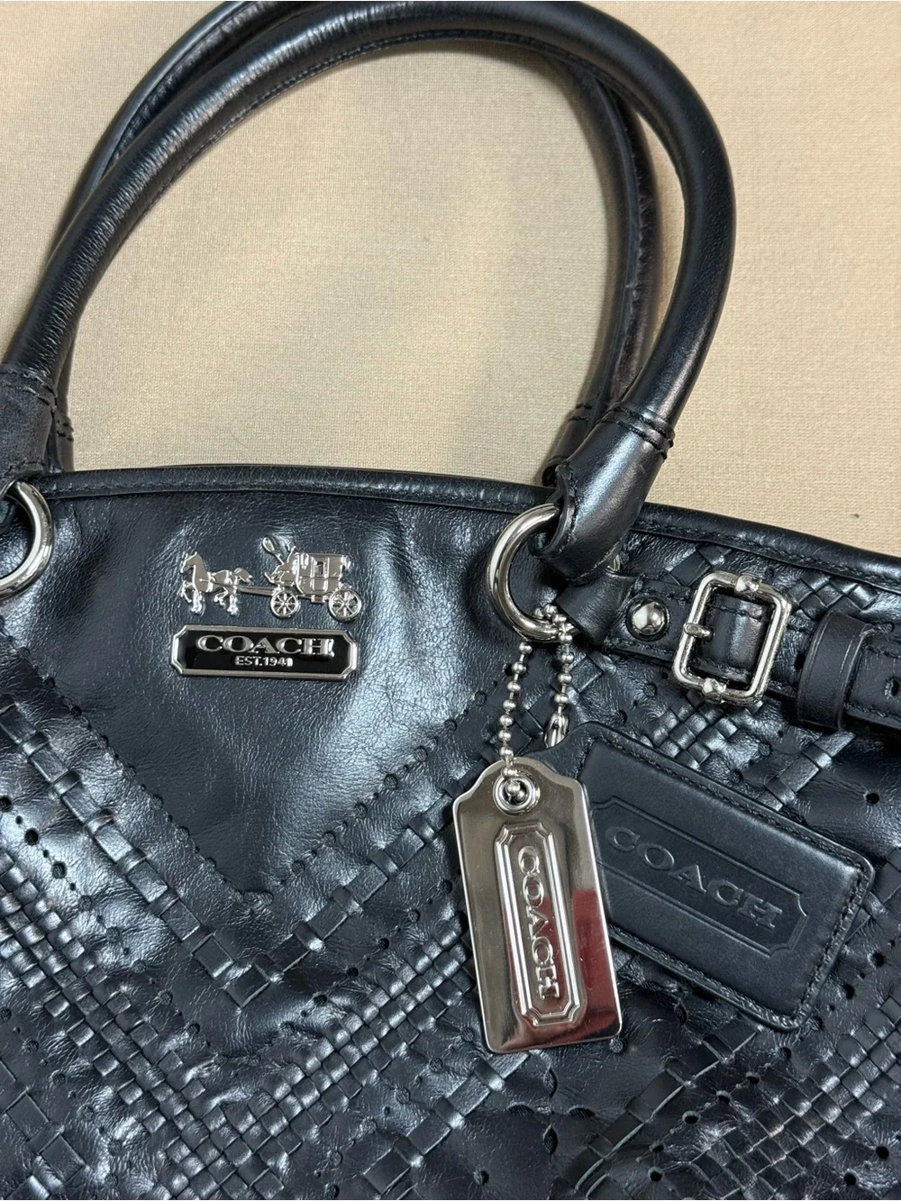 Coach Madison Criss Cross Woven Black Leather Lindsey Satchel Bag